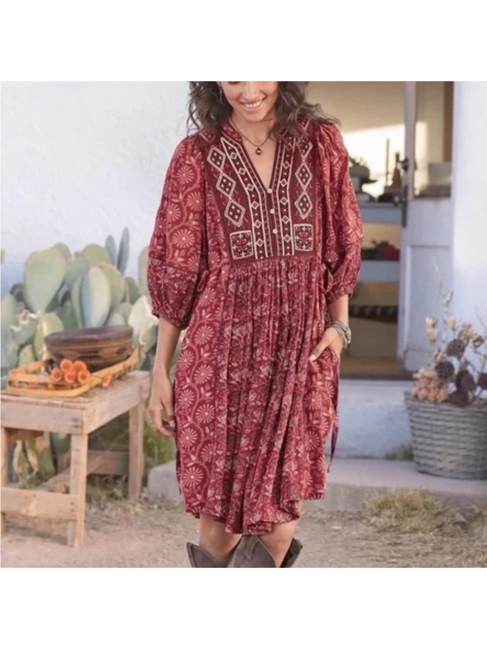 Sundance Bohemian burgundy embroidered V-Neck Women’s Dress